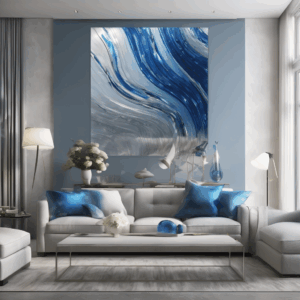 Waterfall Fluid Silver Blue Glass Living Room Wall Art