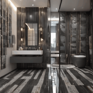 Charcoal And Ash Tone Stripes Glass Mosaic Bathroom