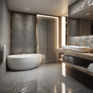 Cool-Toned Concrete Effect Mosaic Glass Mosaic Bathroom