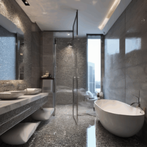 Grey Stone And Glass Blend Glass Mosaic Bathroom