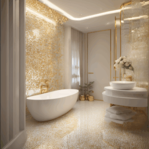 Milky White With Soft Gold Pin Dots Glass Mosaic Bathroom