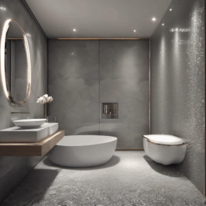 Subtle Wave Pattern In Soft Gray Glass Mosaic Bathroom