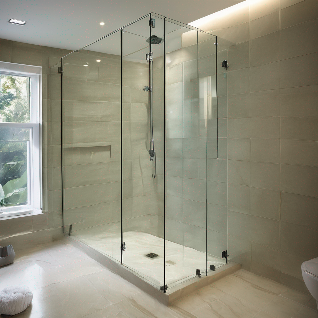 "Frameless shower enclosure made of 3mm tempered glass, showcasing modern design in a contemporary bathroom."