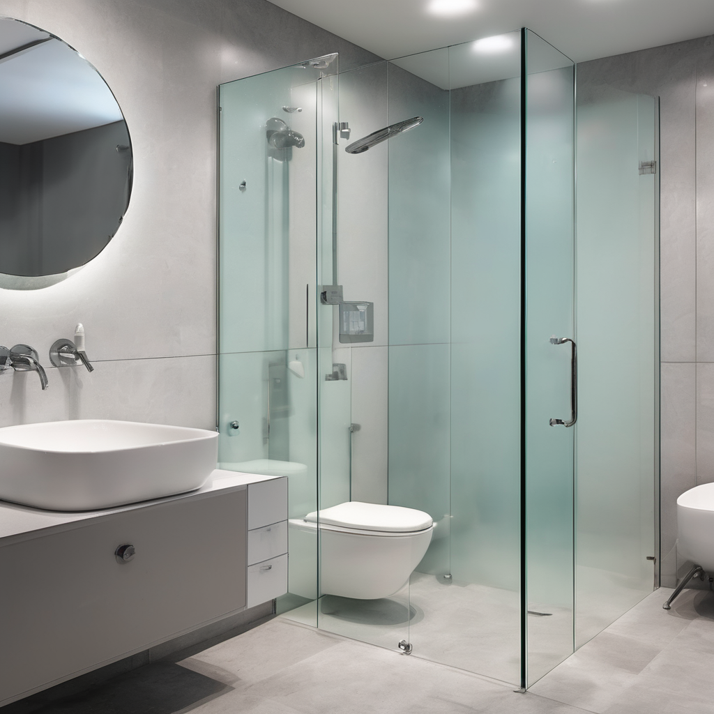 Clear 3mm toughened glass bathroom partitions, safety-certified, offering modern aesthetics and durable functionality.