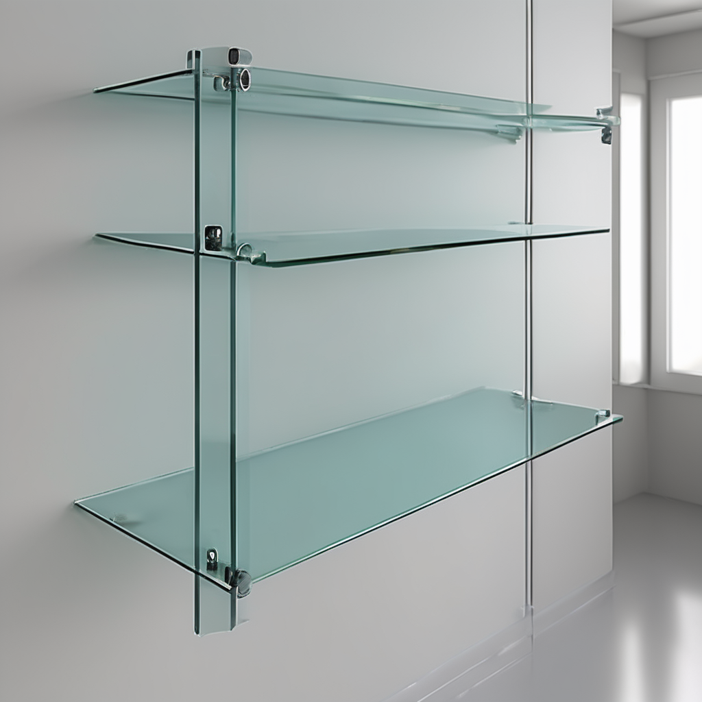 A 3mm toughened glass shelf showcasing load calculation details with text and icons for strength and thickness measurement.