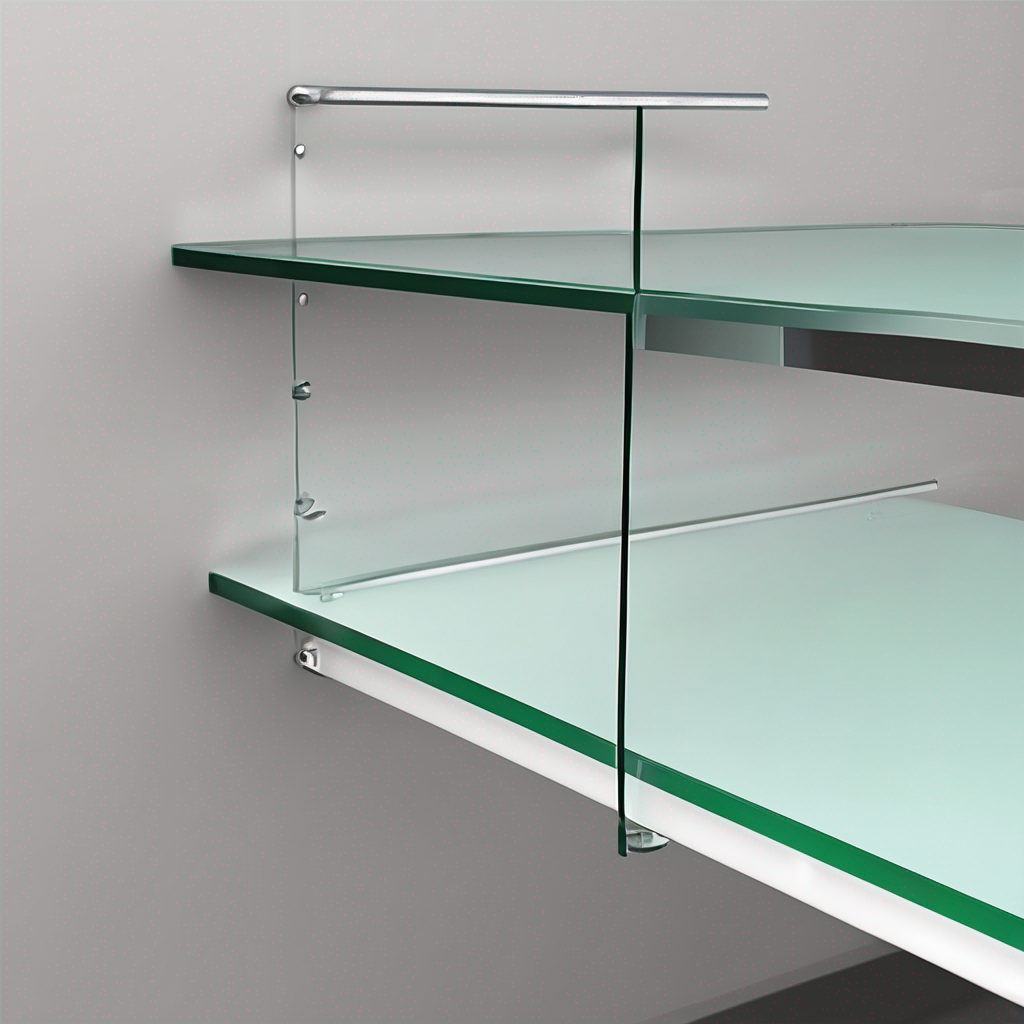 "Illustration showing load capacity calculation for a 3mm toughened glass shelf in a stylish interior design setting."