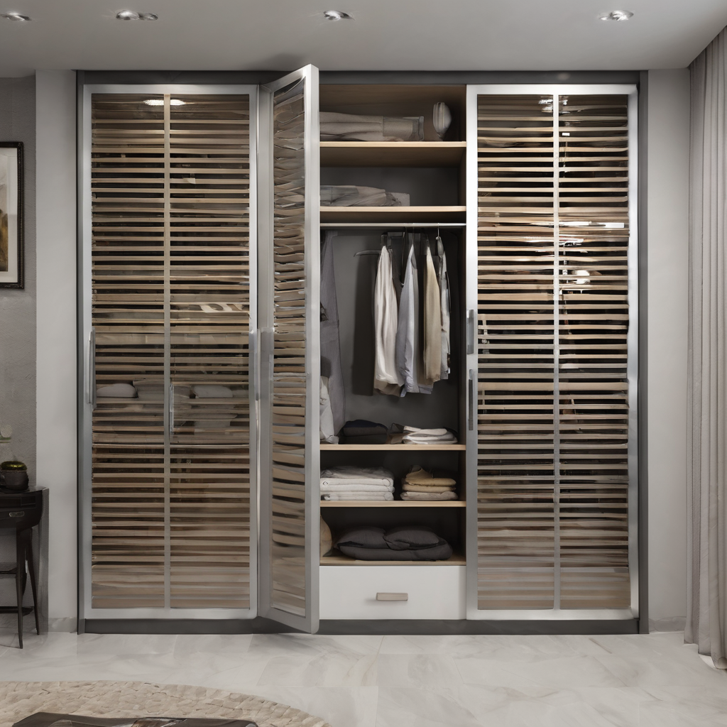 Aluminum frame glass wardrobe shutters with elegant, minimalist design, showcasing durability for modern Bangalore interiors.