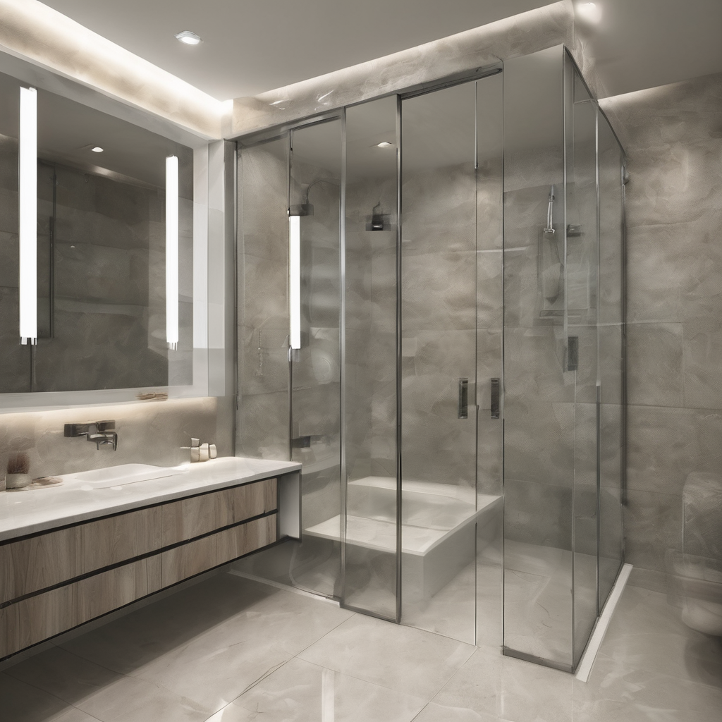 Clear glass partition with aluminum frame in a modern bathroom setting.