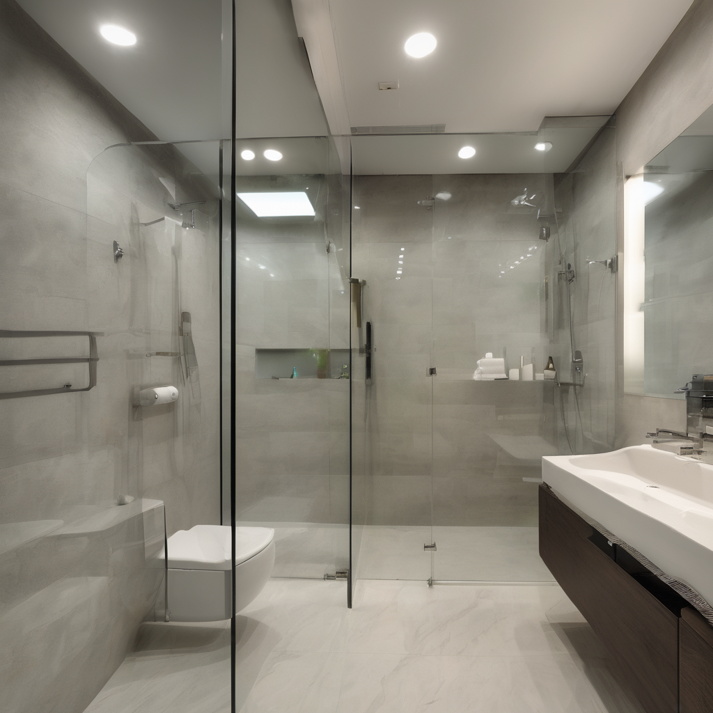 "Modern bathroom with sleek glass partitions, highlighting durability and warranty service in Bangalore."