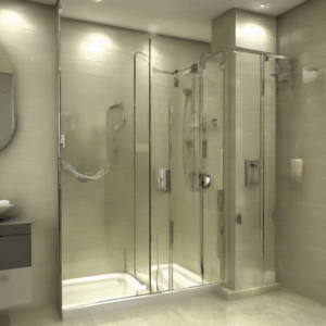A sleek bathroom partition glass with integrated mirror insert, enhancing modern bathroom aesthetics in Bangalore homes.