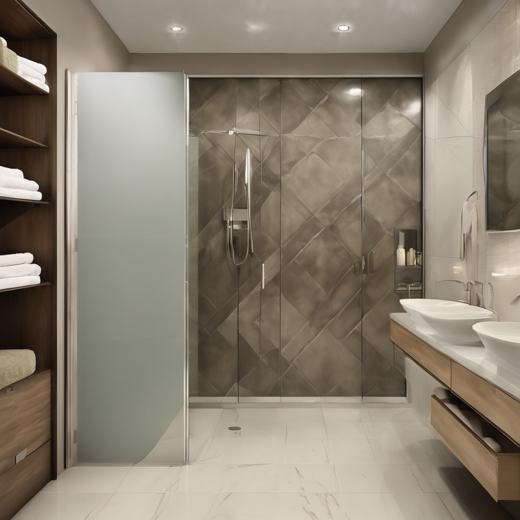 Modern bathroom with clear glass partition and sleek wardrobe glass, showcasing elegant functional design in Bangalore.