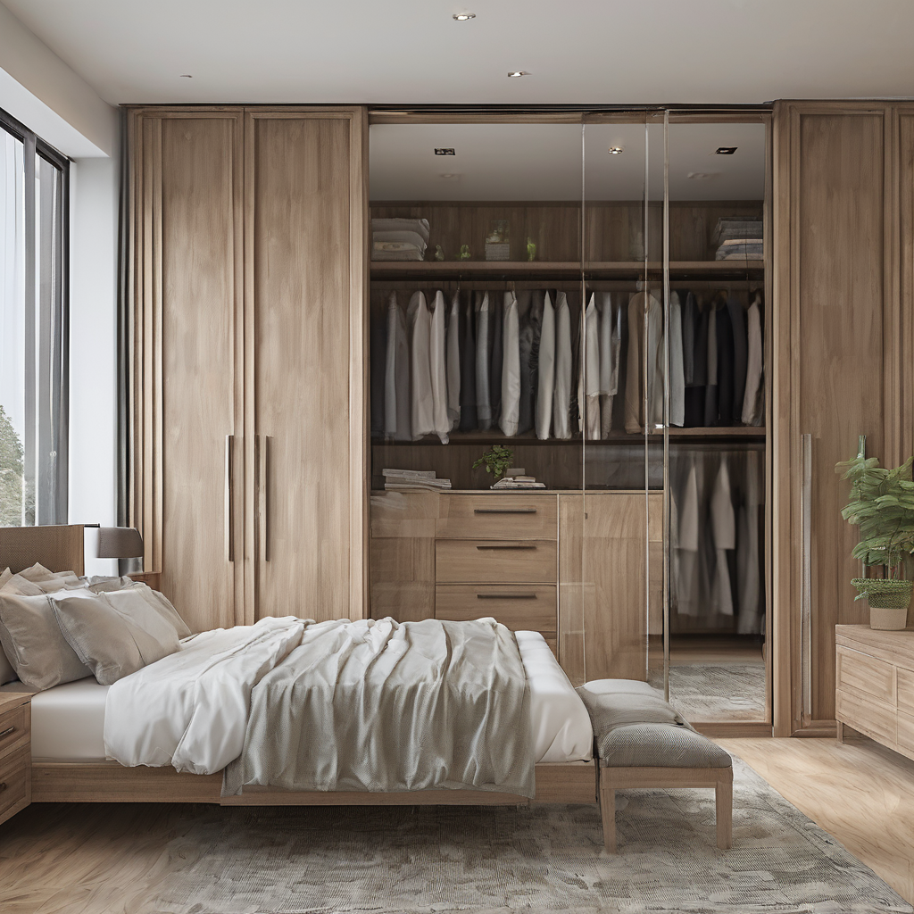 Modern bedroom with a sleek glass partition wardrobe, blending functionality and style in a light-filled Bangalore home.