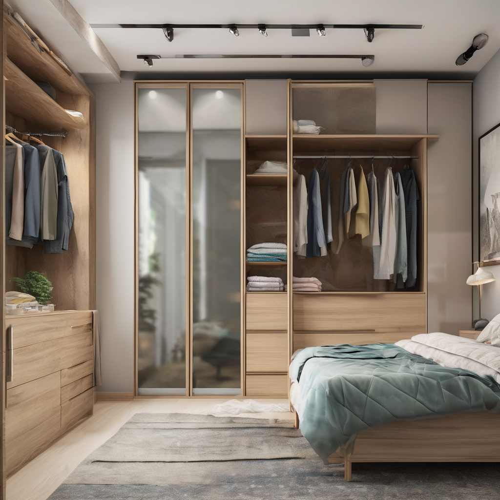 Built-in glass wardrobe in a compact Bangalore bedroom, showcasing a sleek, modern design that maximizes space and light.