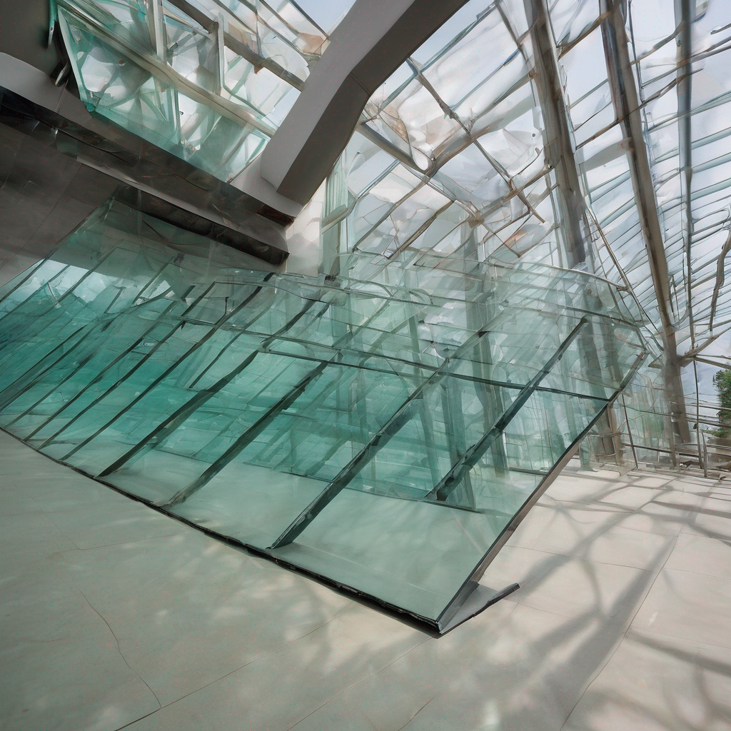 Stacked sheets of clear 3mm toughened glass on a construction site in Bangalore under a bright sky.