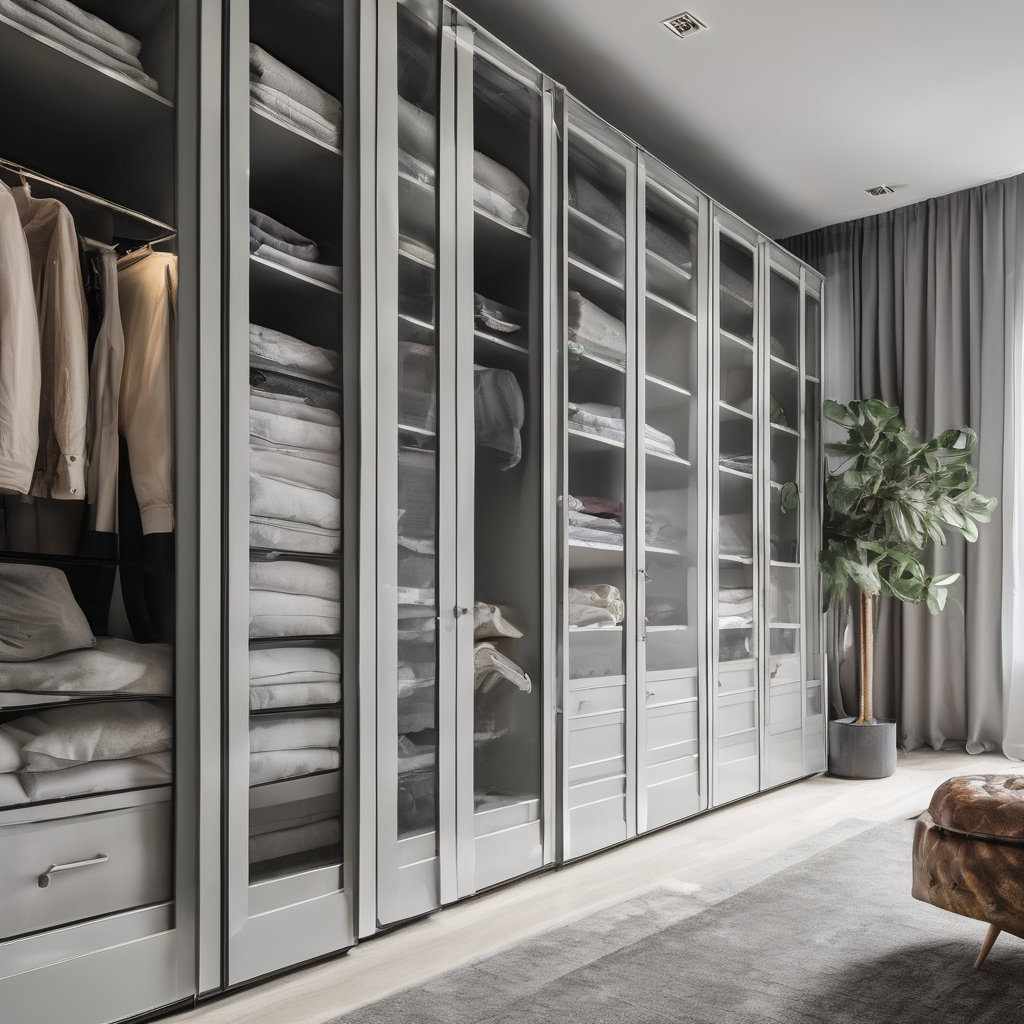 Stacked glass wardrobes in a modern bedroom setting, showcasing sleek design and customization for residential projects.