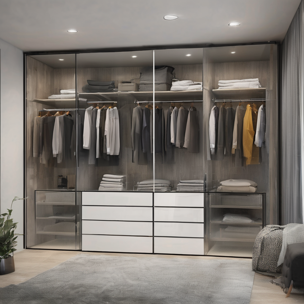 Bulk modular glass wardrobes displayed in a spacious room, showcasing modern design and functionality for contractors in Bang