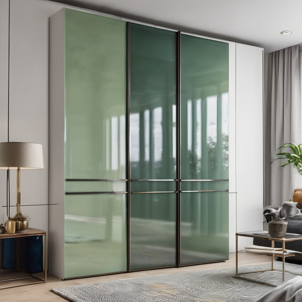 A modern bedroom with colored glass wardrobe shutters showcasing vibrant trends in Bangalore’s interior design for 2026.