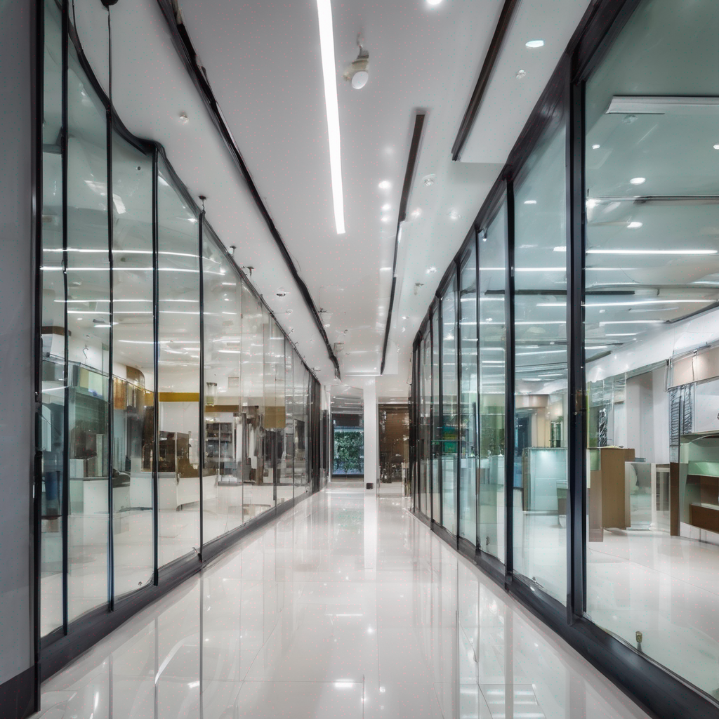 "Modern commercial glass showroom with sleek designs, showcasing innovative, energy-efficient solutions in Chennai corridor."