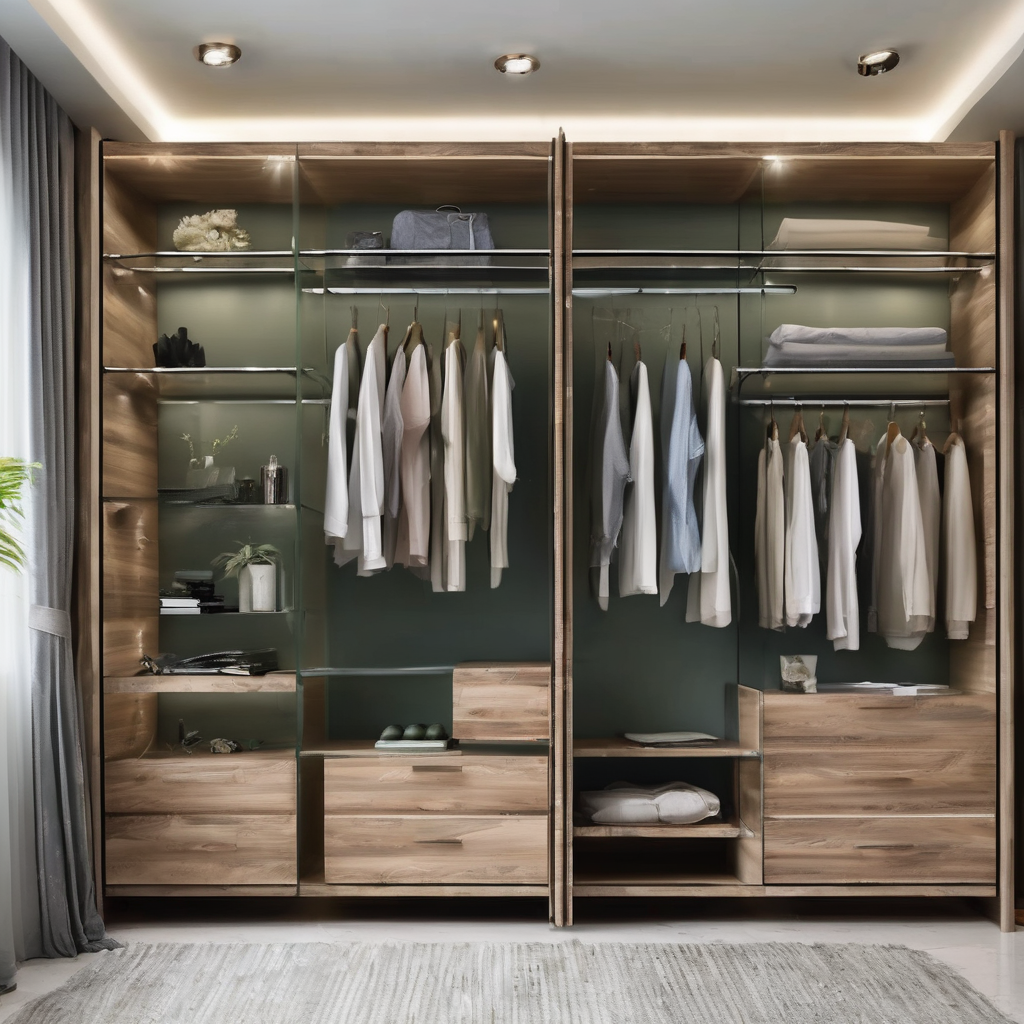 Transparent glass wardrobe shelves showcasing customizable modern design, neatly organized clothes, and accessories.