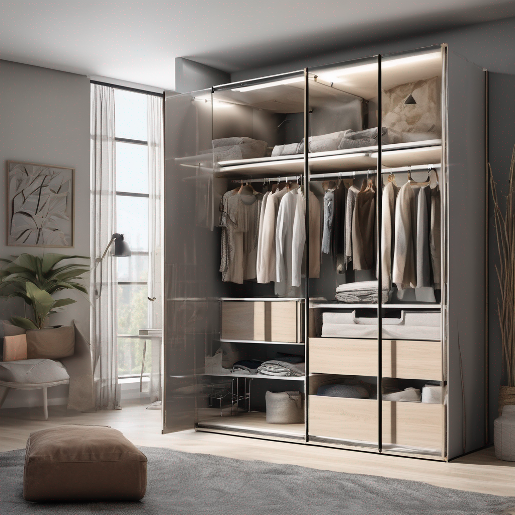 Person fitting a sleek modular glass wardrobe in a modern room, showcasing tools and a detailed installation guide booklet.