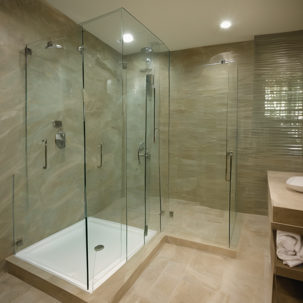Frameless glass shower enclosure in a modern bathroom with sleek, minimalist design and bright, spacious ambiance.
