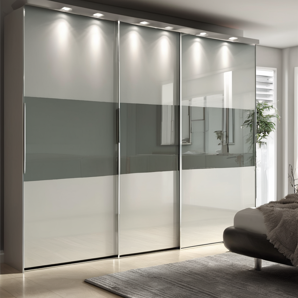 Frameless glass wardrobe doors with a sleek modern sliding design, enhancing minimalist interiors in Bangalore.