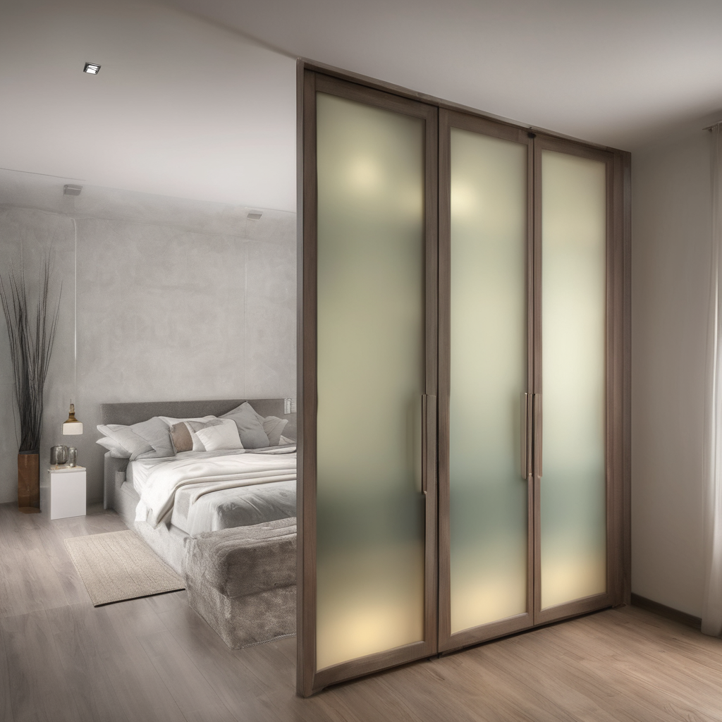 Frosted glass wardrobe doors in a modern Bangalore bedroom, combining privacy and stylish elegance.