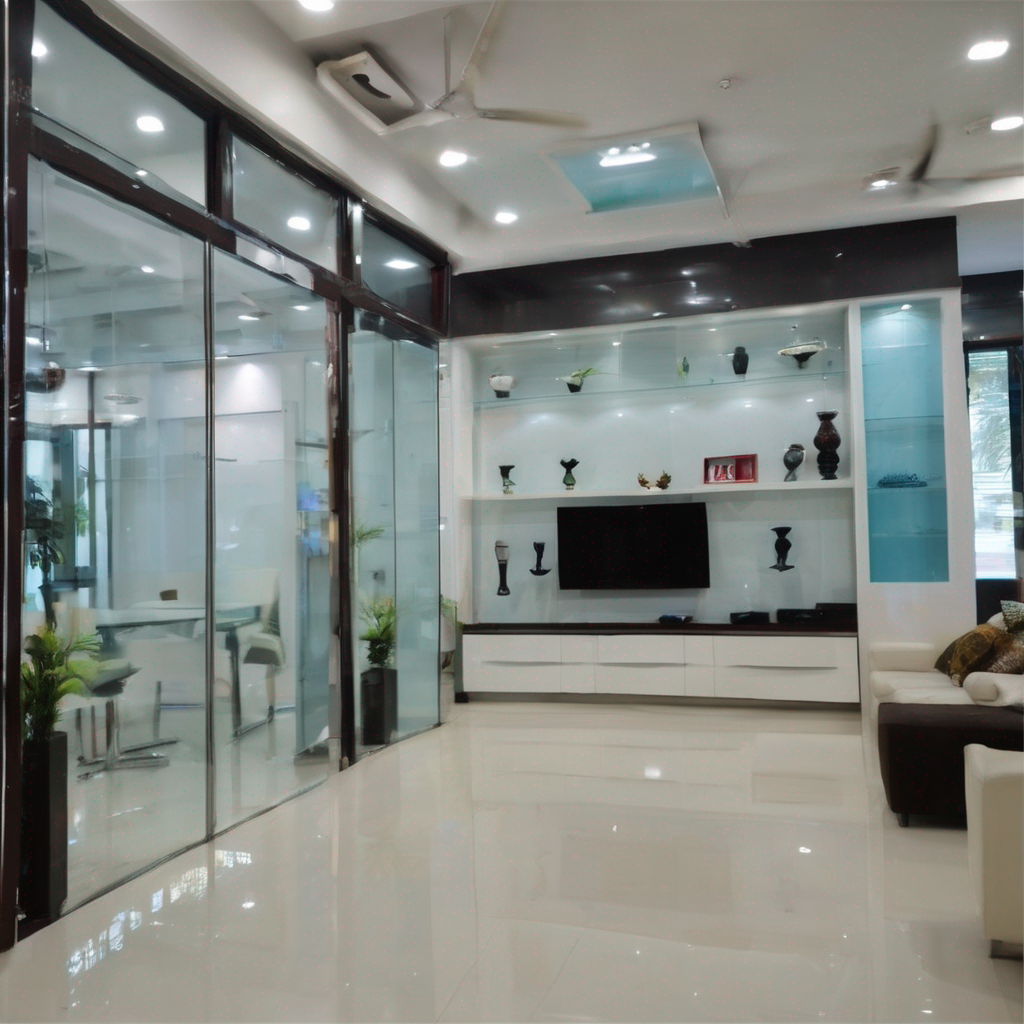 Modern glass interior showroom featuring sleek designs, vibrant displays, and innovative setups in Chennai hubs OMR, Porur, V