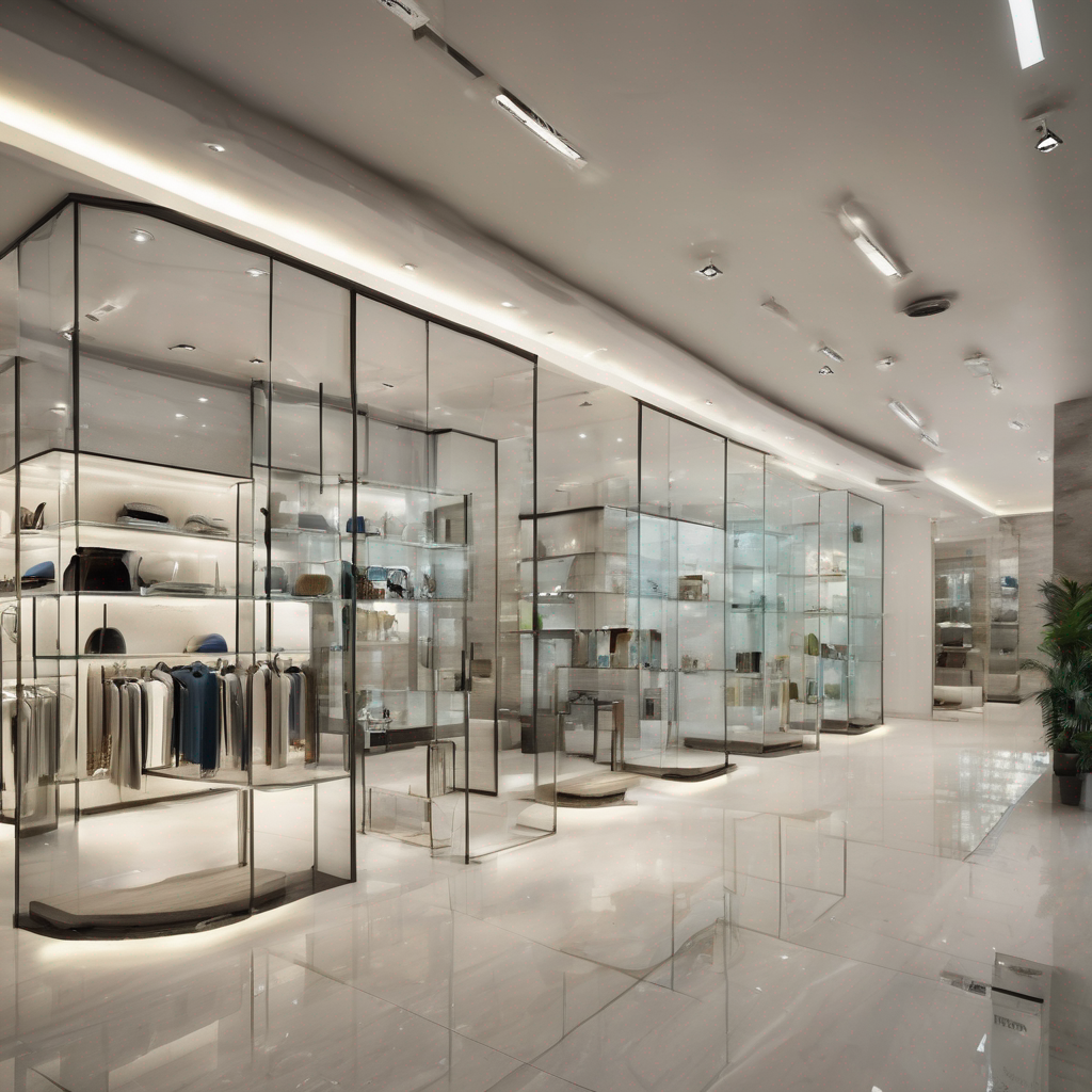 Modern glass interior showroom with sleek designs and elegant decor, located in Gachibowli, Hyderabad.