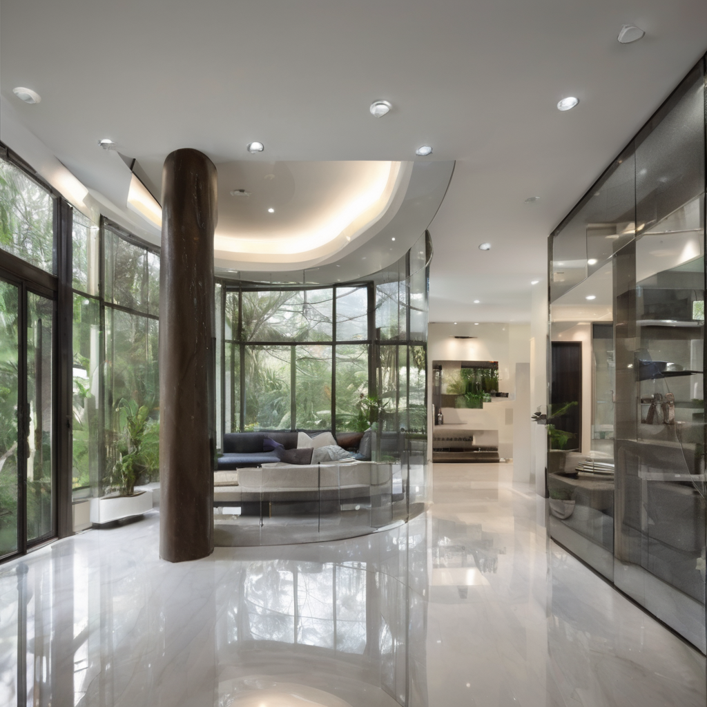 Modern glass interior design in Bangalore, featuring sleek partitions and elegant accents with natural light streaming throug