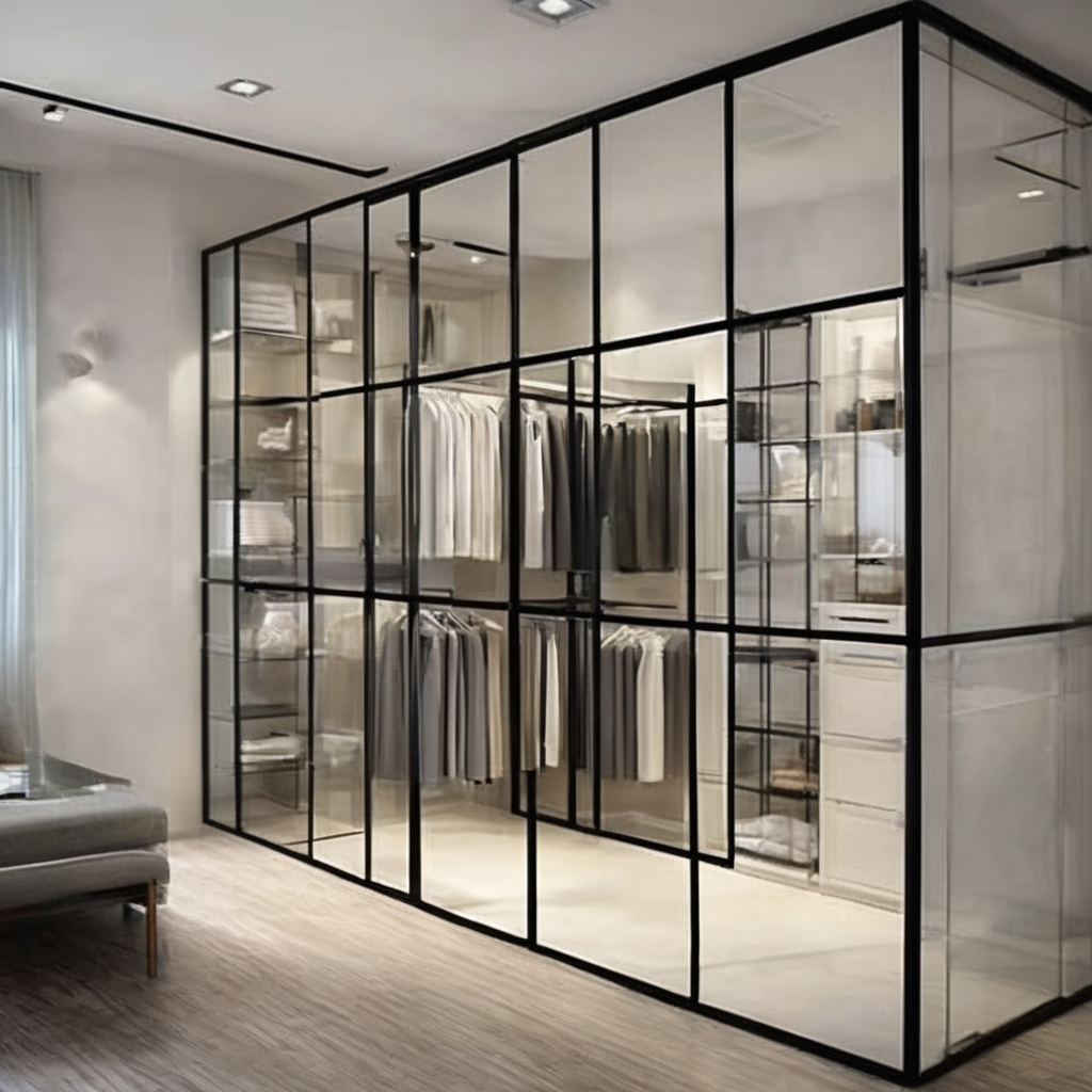 "Modern glass partition wardrobe showroom with sleek designs in Mumbai, showcasing high profit potential franchise."