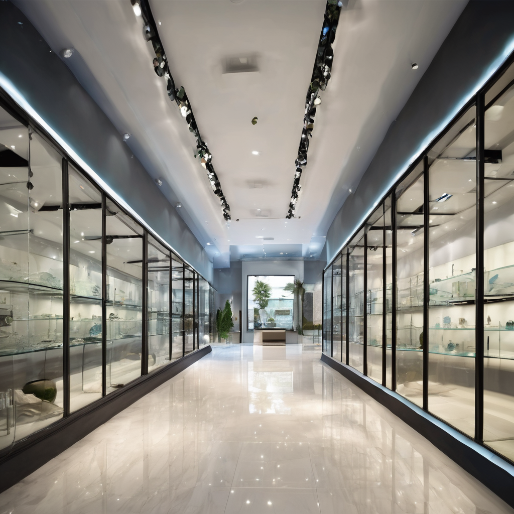 "Modern glass interior showroom with sleek designs, showcasing franchise investment opportunities in Delhi, Noida, Gurgaon."