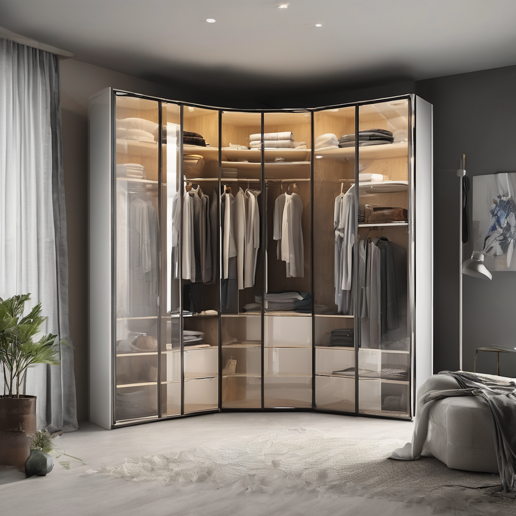Corner glass wardrobe in Bangalore home, showcasing sleek, space-saving design for modern and compact urban living.