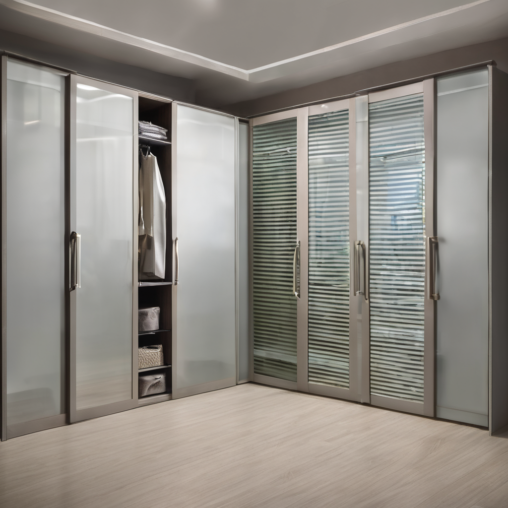 Glass wardrobe with sleek shutters installed in a modern Bangalore home; free site visit offer mentioned.
