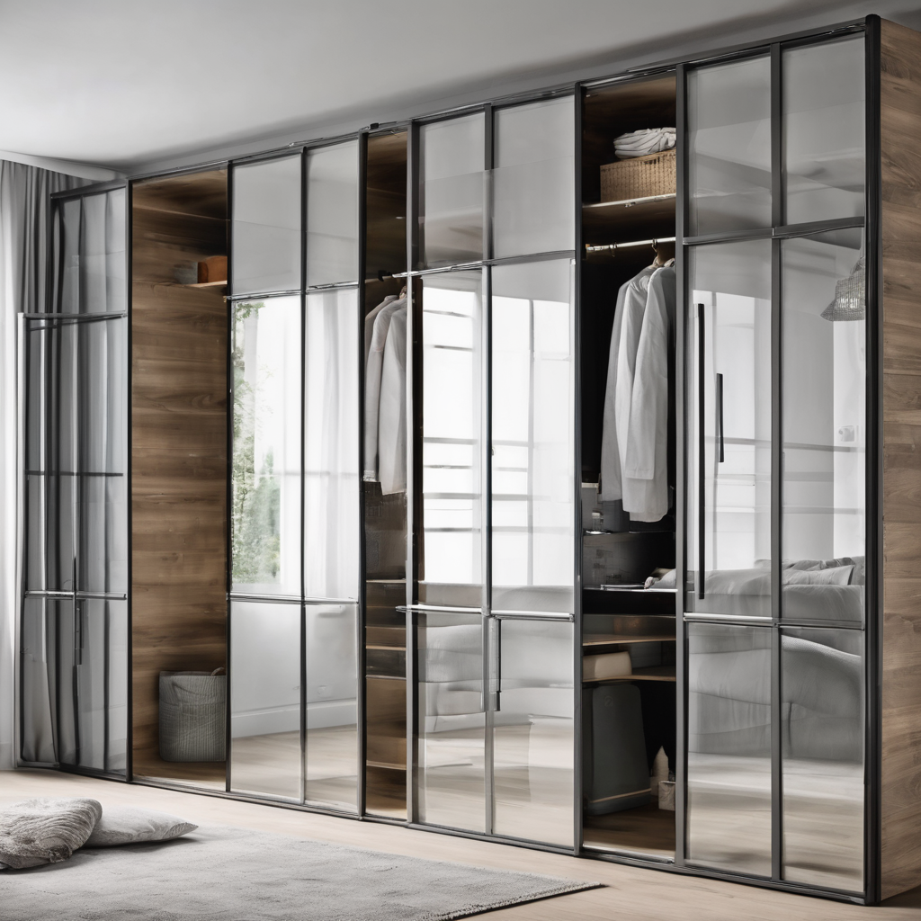 Cost comparison between sliding and hinged glass wardrobe doors with a modern interior background.