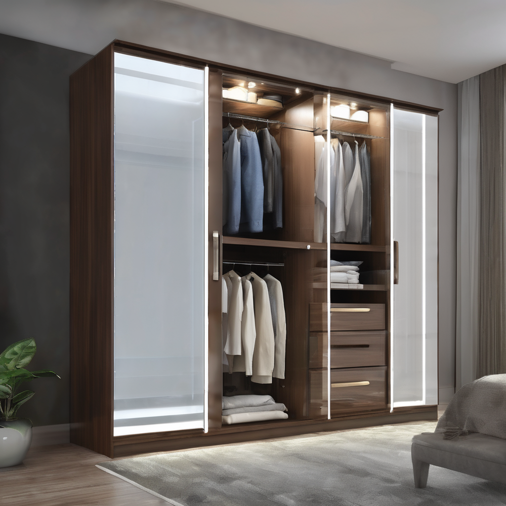 Modern glass wardrobe with integrated LED lighting, enhancing a sleek and stylish interior in a Bangalore home.