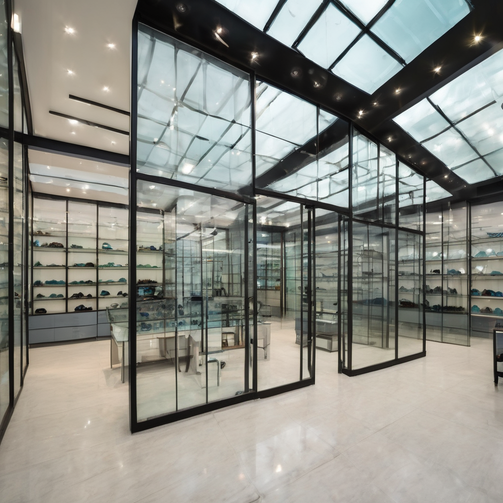 "Glass showroom interior with sleek displays, showcasing a modern design for a low-cost franchise in Indore."