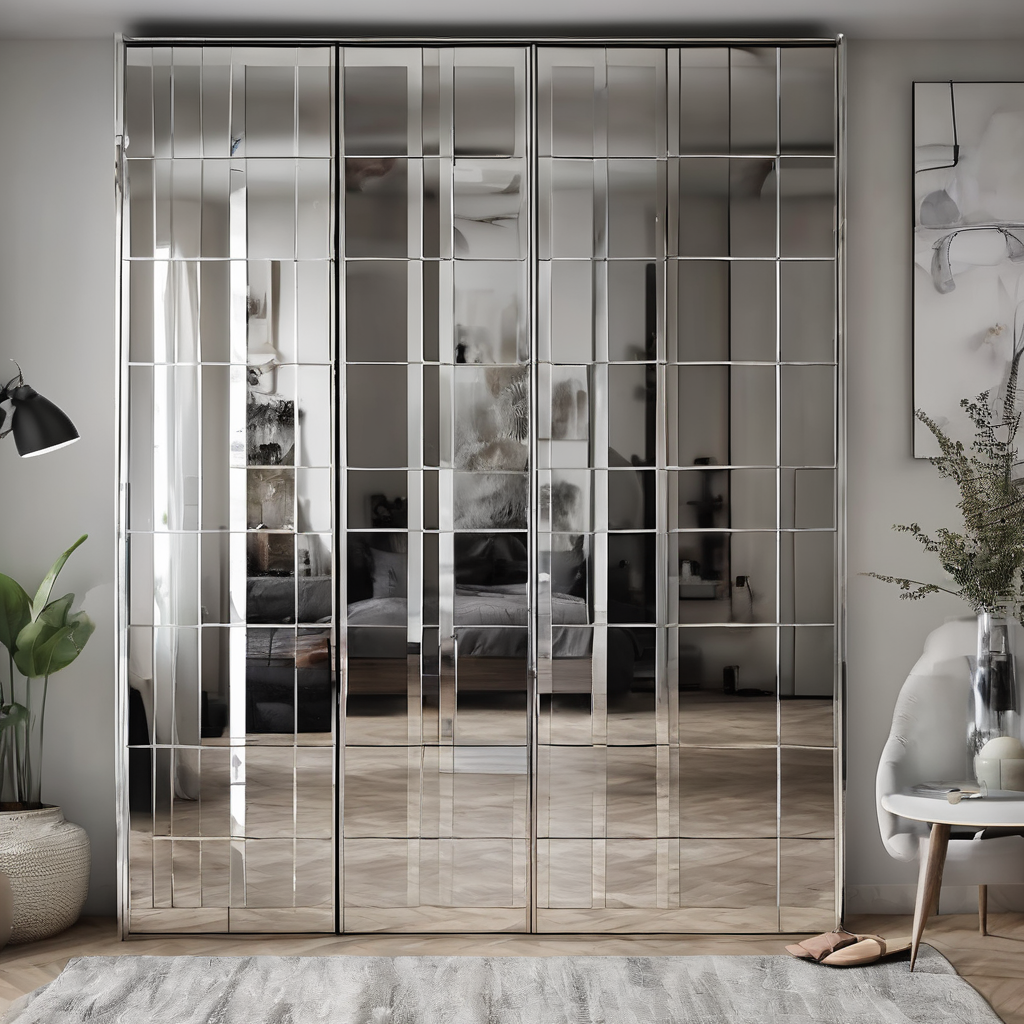Mirrored glass wardrobe shutters reflecting a modern bedroom interior with sleek, elegant design in Bangalore.