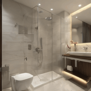 Sleek bathroom with a modern glass partition, enhancing elegance and space in a luxury apartment in Bangalore.