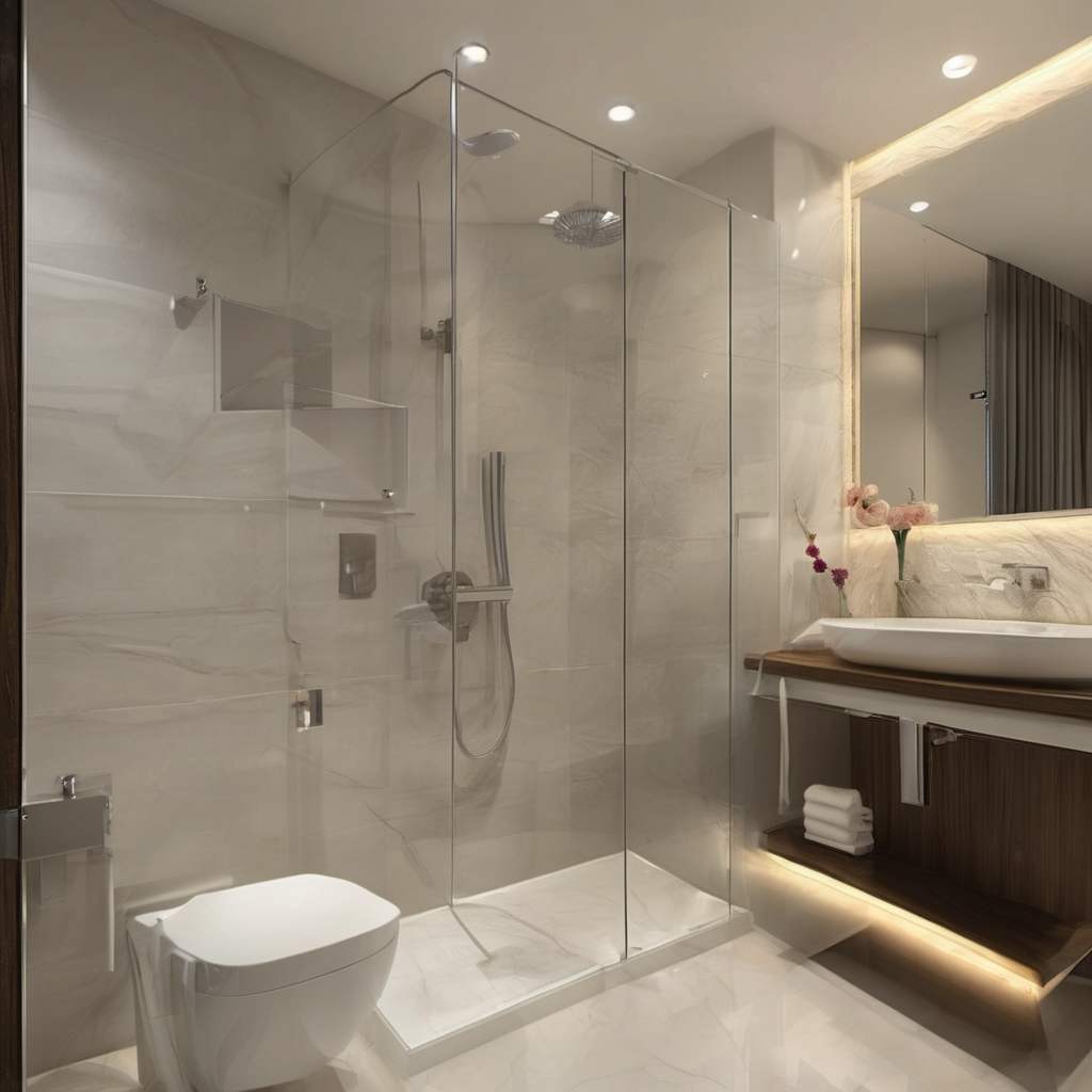 Sleek bathroom with a modern glass partition, enhancing elegance and space in a luxury apartment in Bangalore.