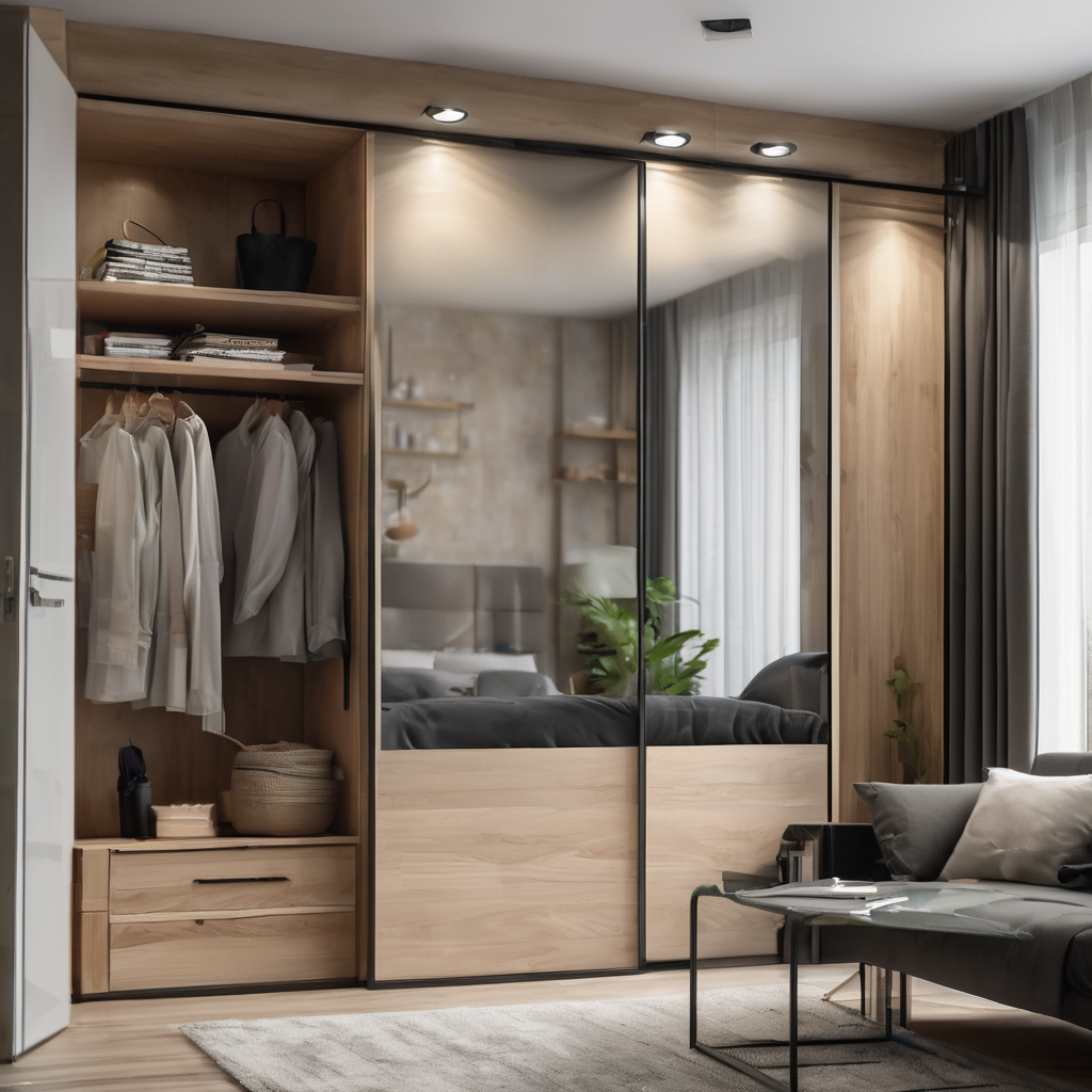 "Modern glass partition wardrobes in a sleek Bangalore apartment, showcasing space-saving functionality and contemporary desi