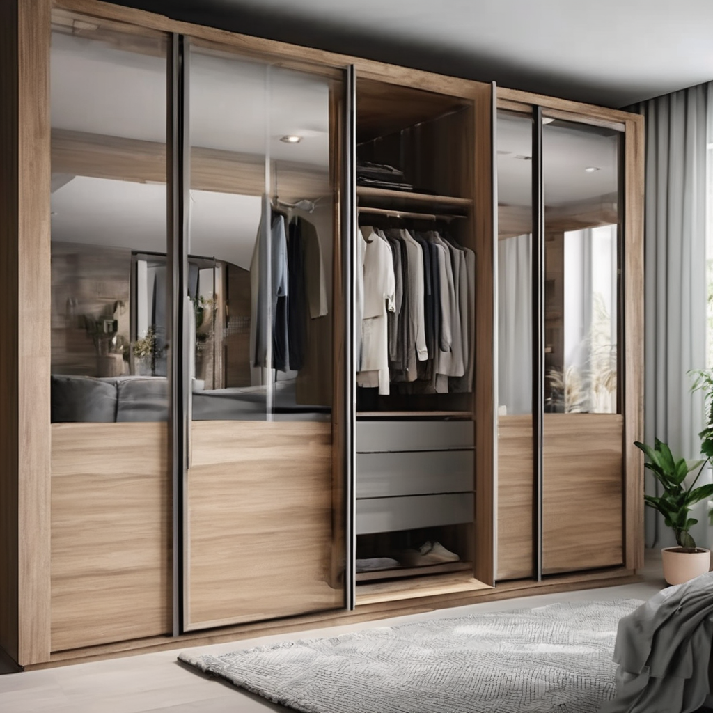 Sleek modular glass wardrobe doors in Bangalore featuring customizable, interchangeable parts for stylish and versatile stora