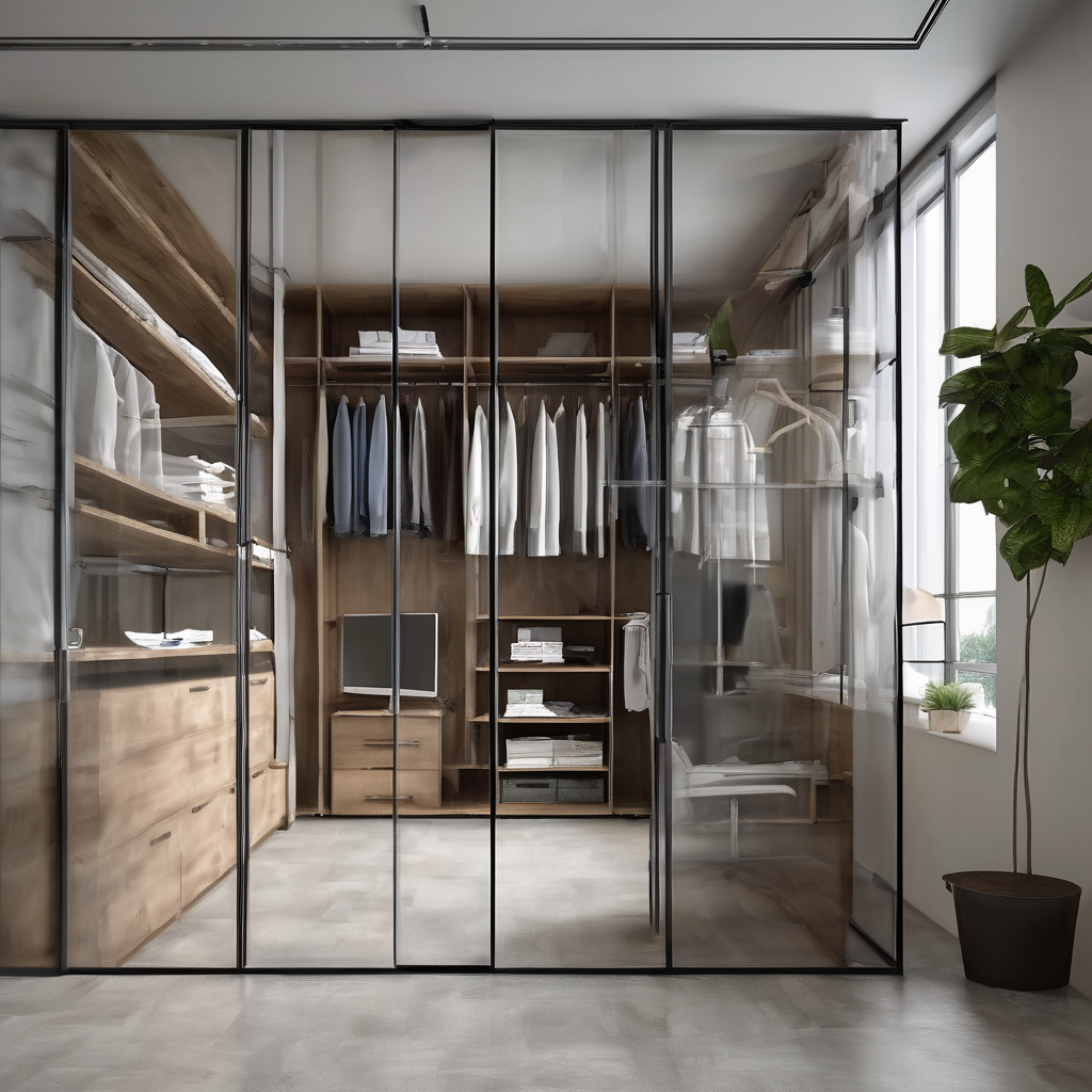 Sleek modular glass wardrobe in an office setting, showcasing modern design and space optimization in Bangalore.