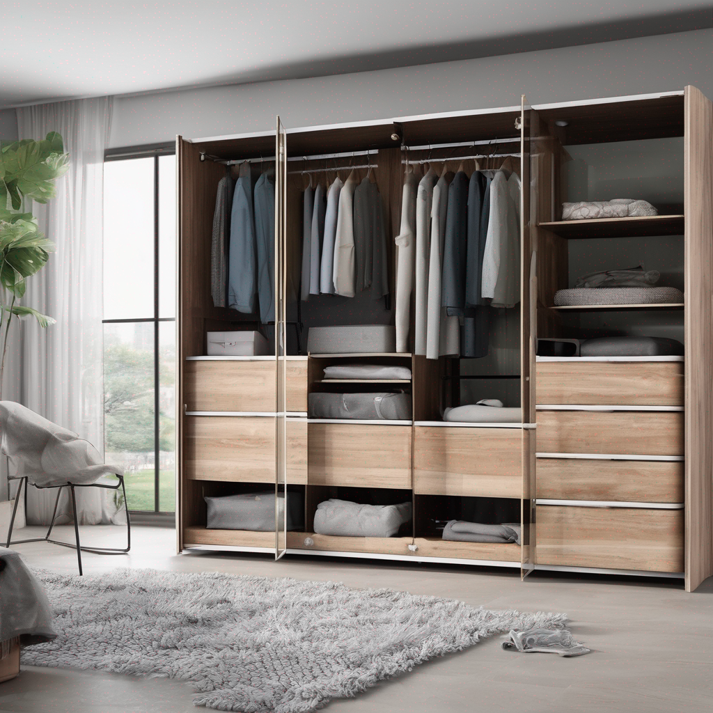 A modern modular glass wardrobe in a stylish bedroom, showcasing an elegant and space-saving storage solution.