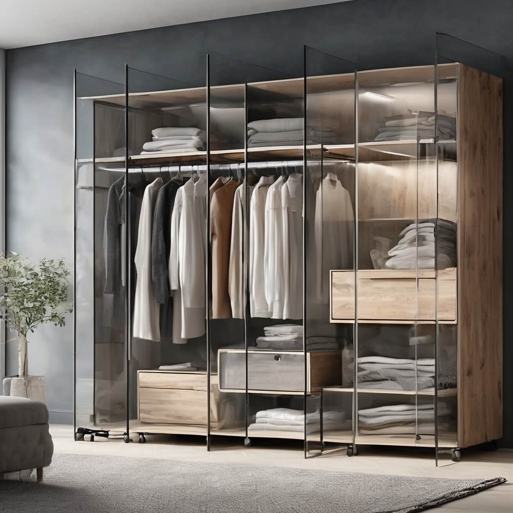 Sleek modular glass wardrobe in a studio apartment, showcasing a space-saving, elegant, and functional design.