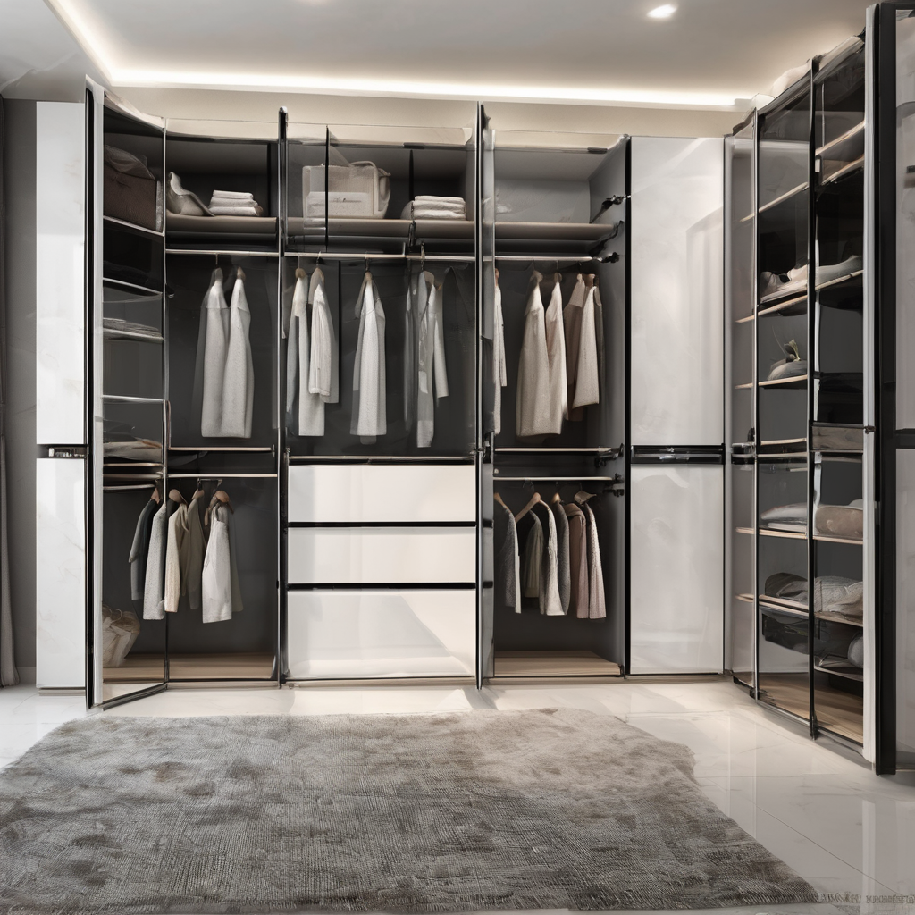 Modular glass wardrobe with adjustable shelves, showcasing modern design and functionality for stylish Bangalore interiors.