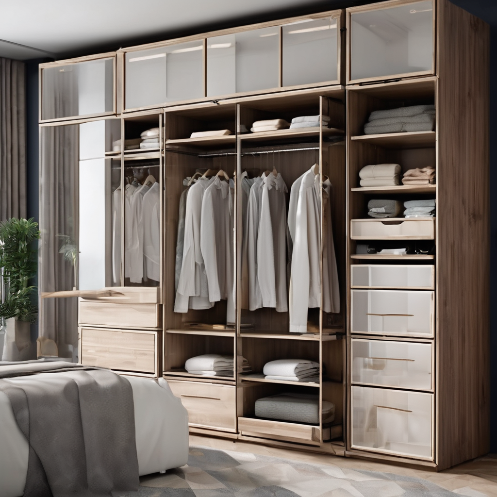 Modular glass wardrobe with internal drawers, showcasing elegant design and efficient space optimization in Bangalore storage