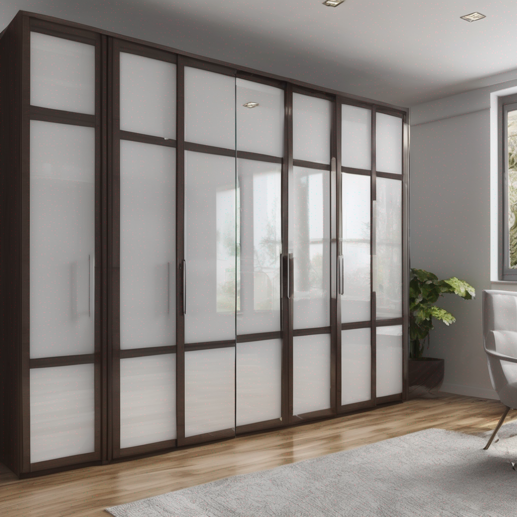 "Modular wardrobe with sleek glass doors and replacement parts, showcasing modern design and functionality in Bangalore."