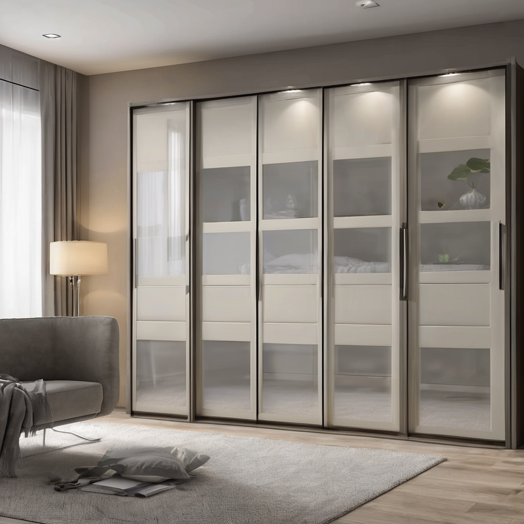 A modern modular wardrobe with sleek glass doors and a soft-close mechanism in a stylish Bangalore home.