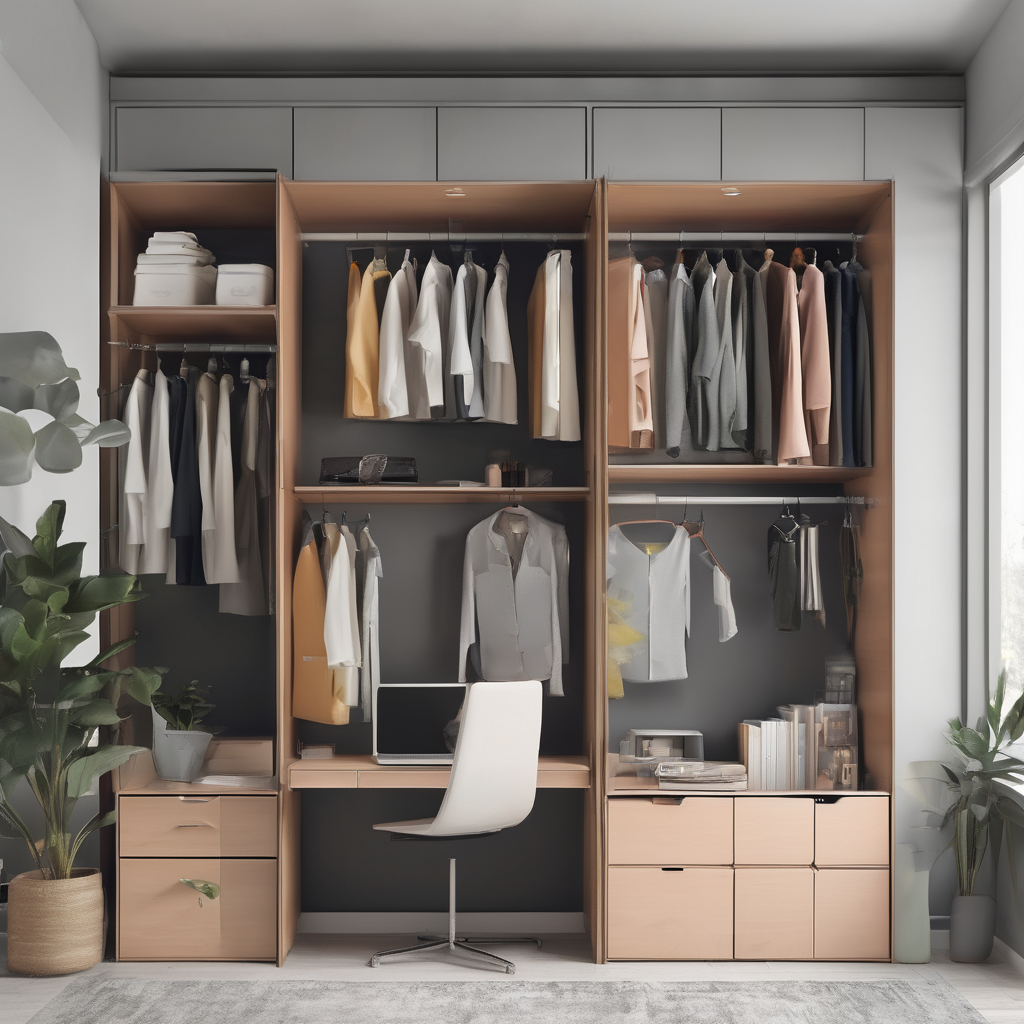 Modular wardrobe partition dividing a room into a sleek, organized WFH office space with a modern and clutter-free design.